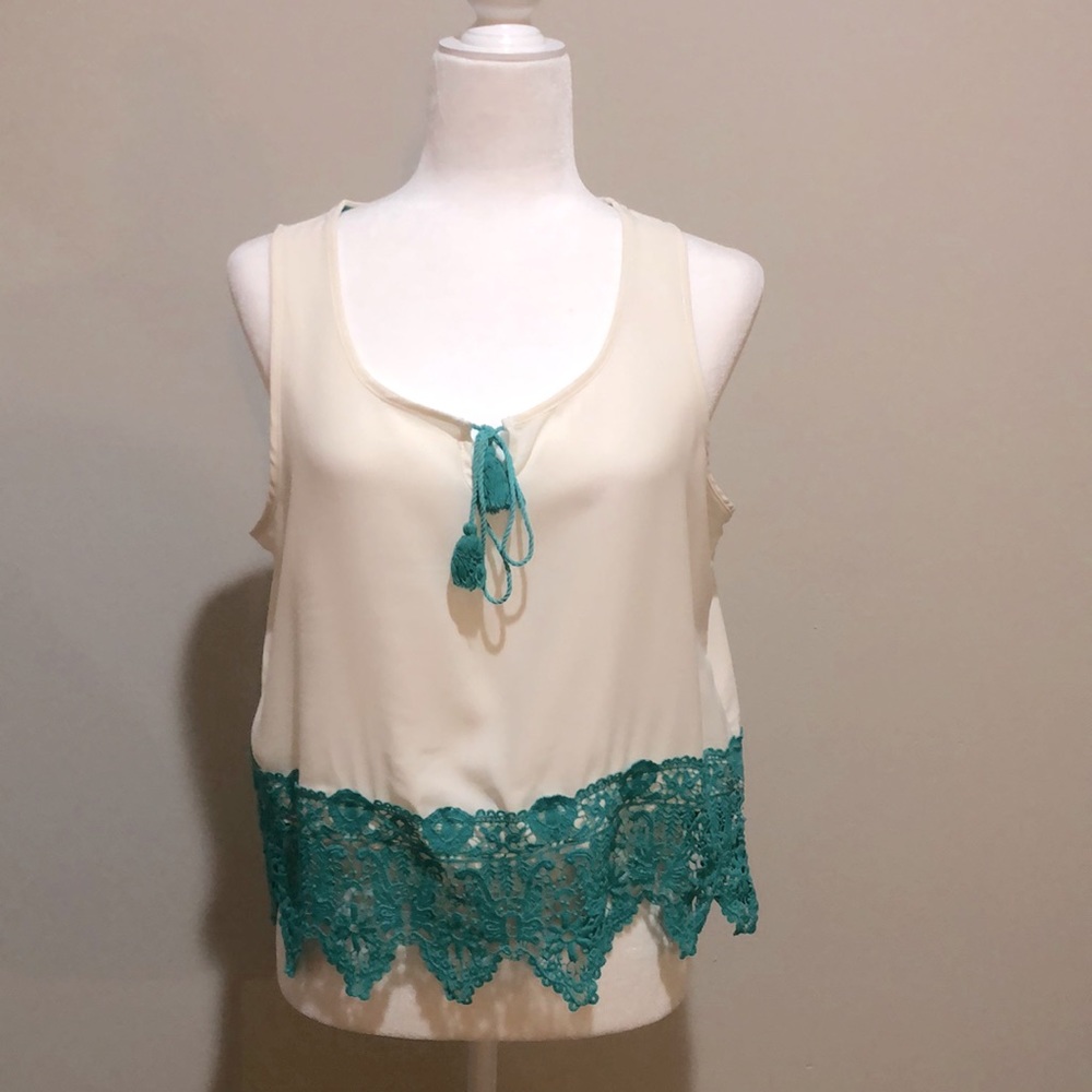 Cream and teal lace tank top